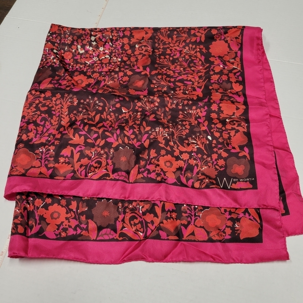 W By Worth Silk Floral Pink Red Scarf 34x34"